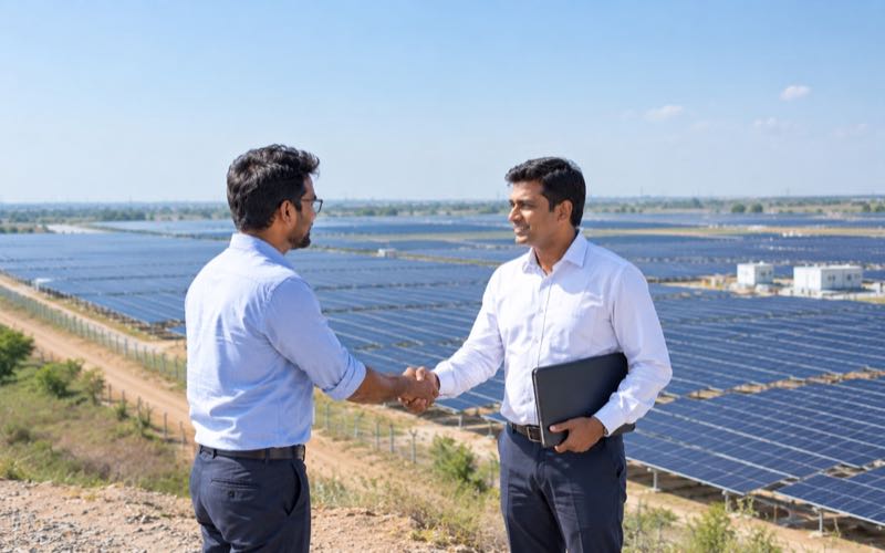 Two professionals shaking hands in front of a large solar plant