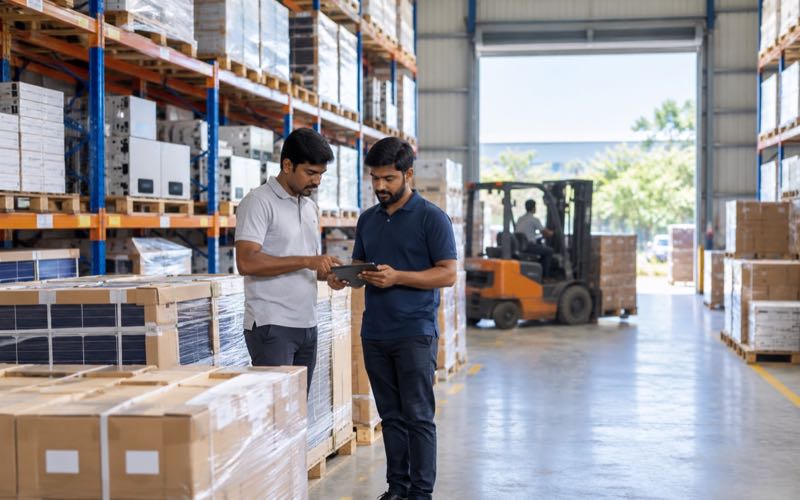 Staff checking a delivery of solar panels and inverters in a warehouse